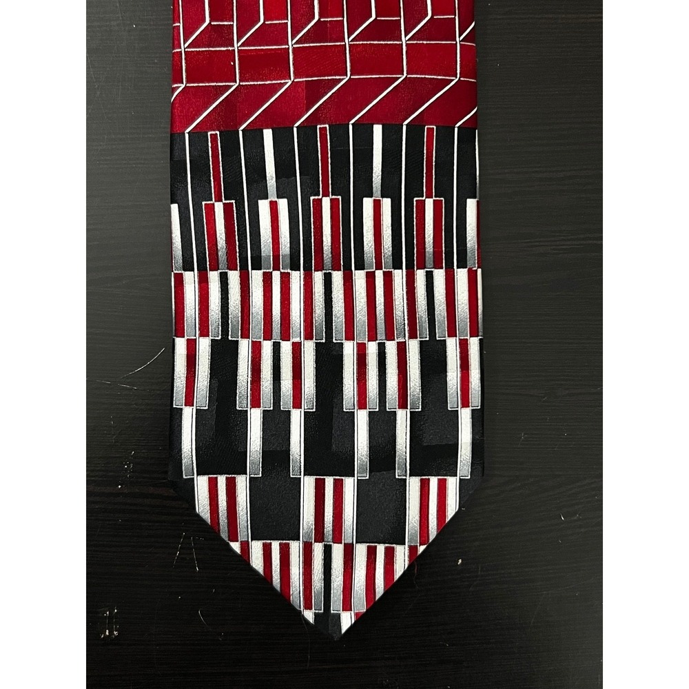 Ferracci Mens Silk Tie Red Black Silver Geometric Piano Key Music Theme USA Made - Picture 2 of 7